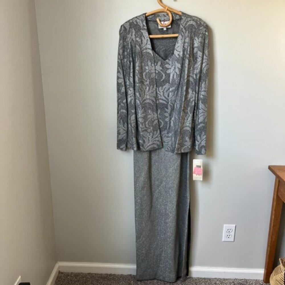 Francais Sliver Glittery Maxi Dress Set with Matching Cardigan Women's 14 NWT